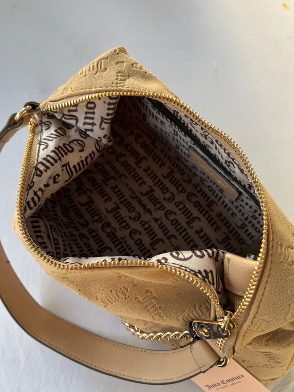 Juicy Couture Camel Suede Hobo Bag with Gold Charm Chain NWT - Picture 8 of 9